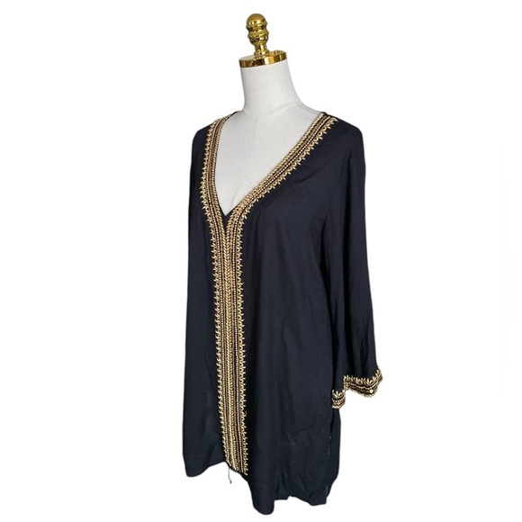 MIRA Black V-neck 3/4 Sleeve Gold Beads Embroidered Boho Flowy Tunic Womens Sz L - Picture 5 of 11